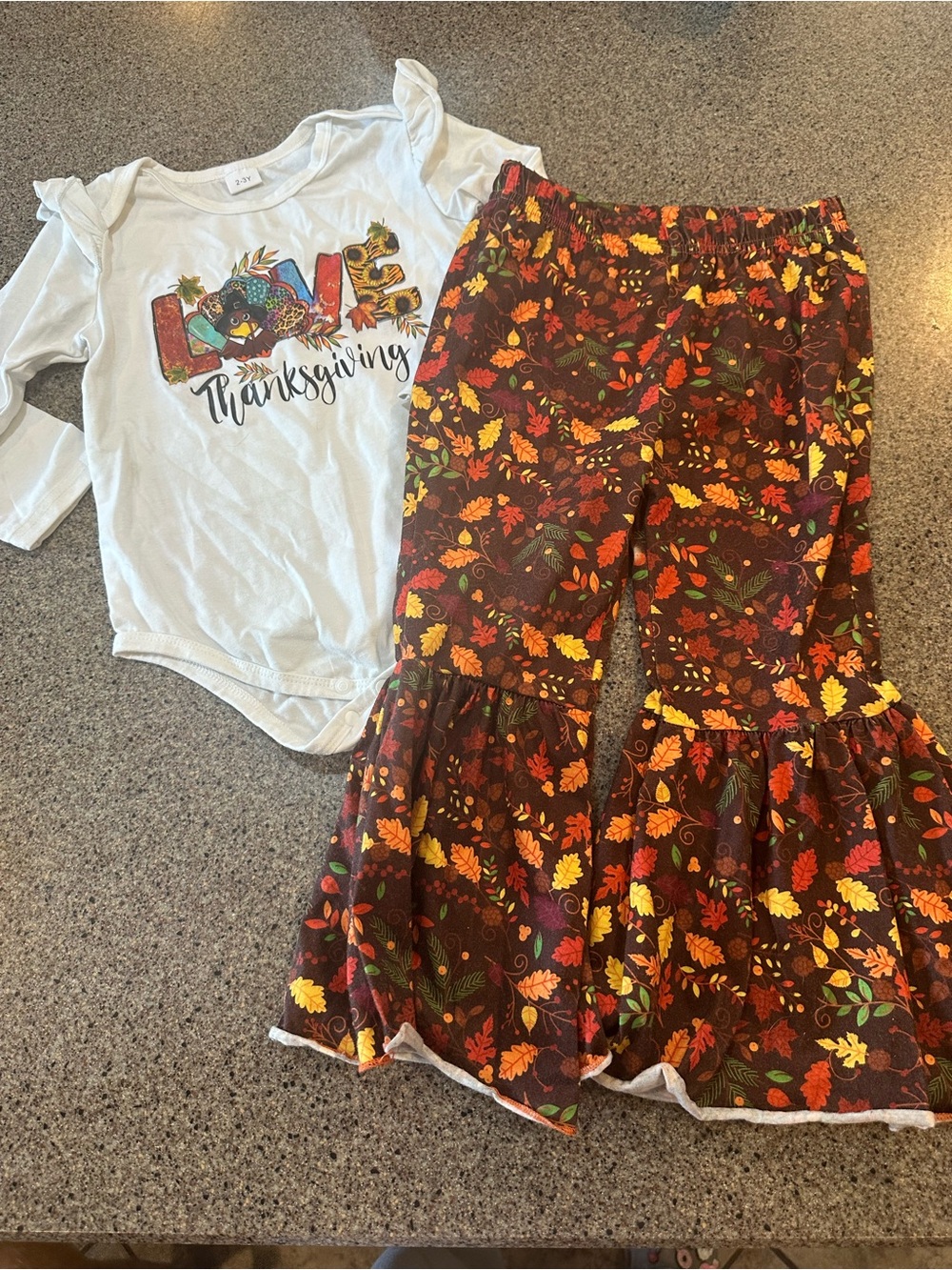 Thanksgiving Leaf Bell Bottom Set - White Top & Brown Floral Pants